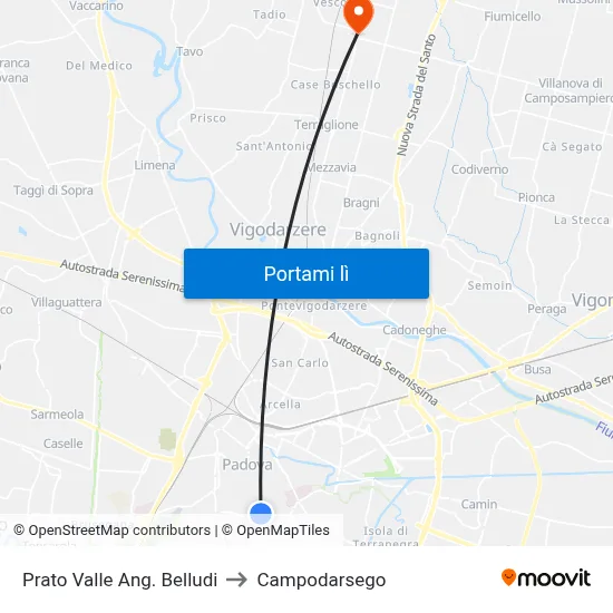 Prato Valle Ang. Belludi to Campodarsego map