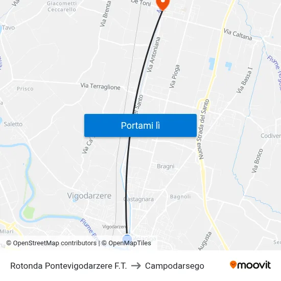 Rotonda Pontevigodarzere F.T. to Campodarsego map