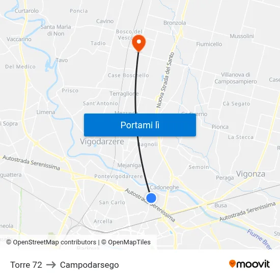 Torre 72 to Campodarsego map