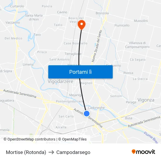 Mortise (Rotonda) to Campodarsego map