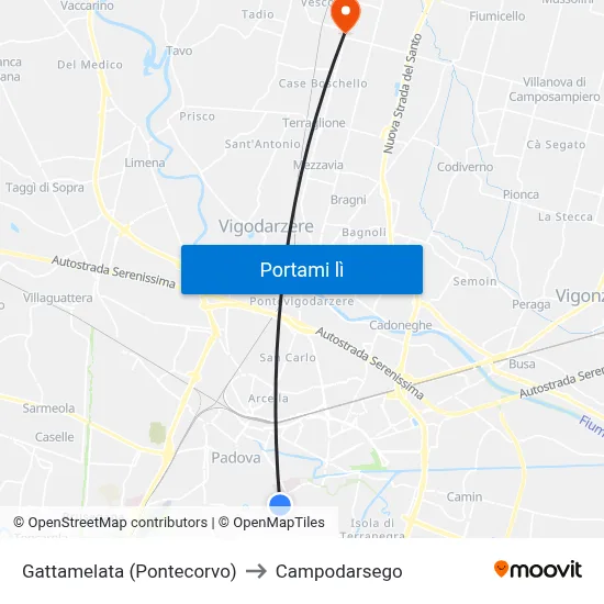 Gattamelata (Pontecorvo) to Campodarsego map