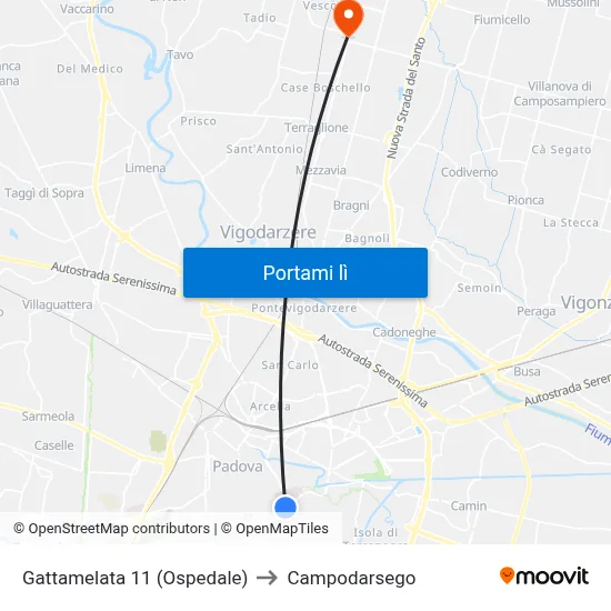 Gattamelata 11 (Ospedale) to Campodarsego map