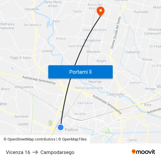 Vicenza 16 to Campodarsego map