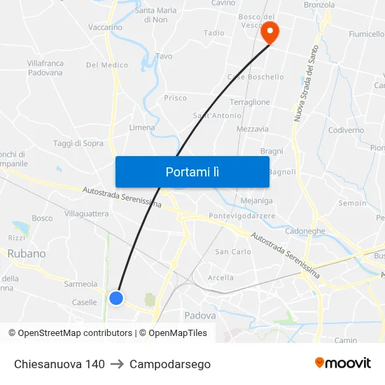 Chiesanuova 140 to Campodarsego map