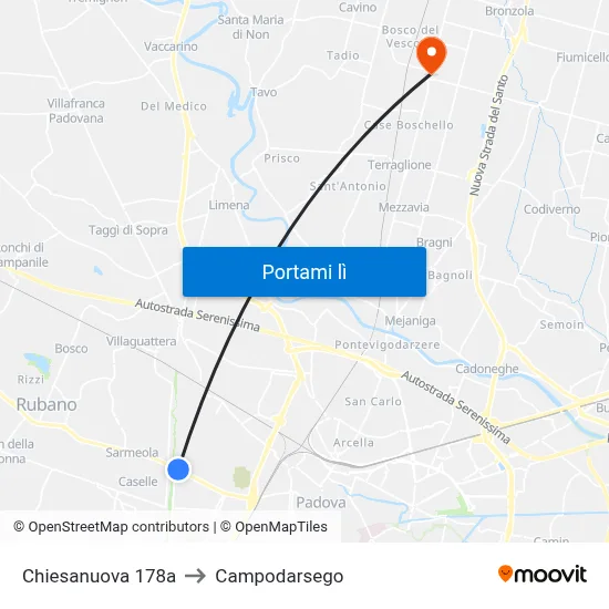 Chiesanuova 178a to Campodarsego map