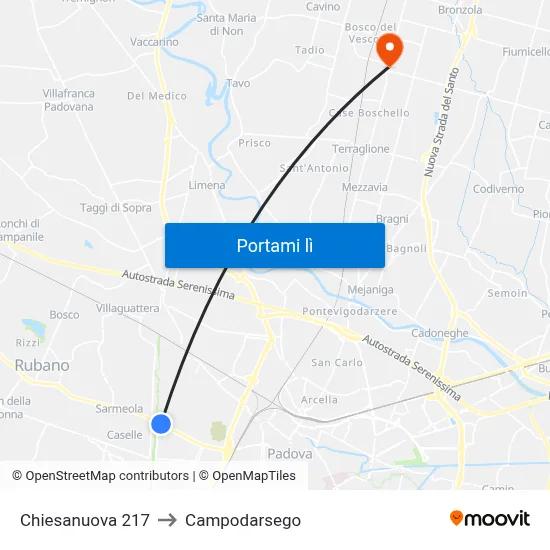Chiesanuova 217 to Campodarsego map