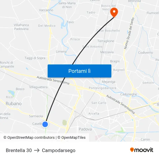 Brentella 30 to Campodarsego map