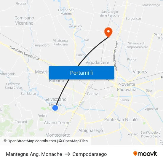Mantegna Ang. Monache to Campodarsego map