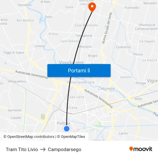 Tram Tito Livio to Campodarsego map
