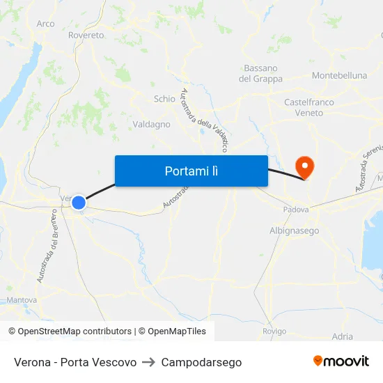 Verona - Porta Vescovo to Campodarsego map
