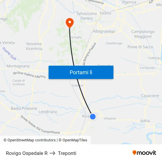 Rovigo Ospedale R to Treponti map