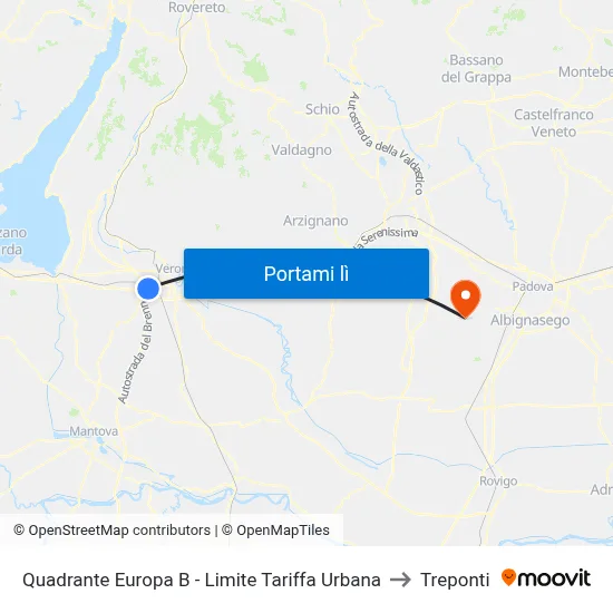 Quadrante Europa B - Limite Tariffa Urbana to Treponti map