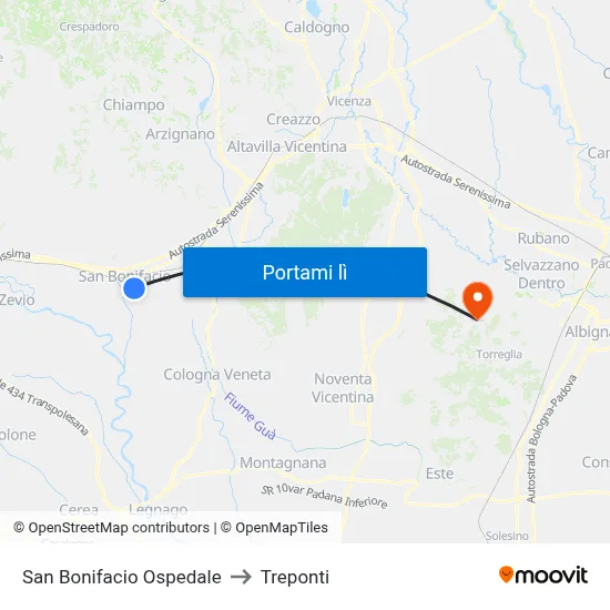 San Bonifacio Ospedale to Treponti map