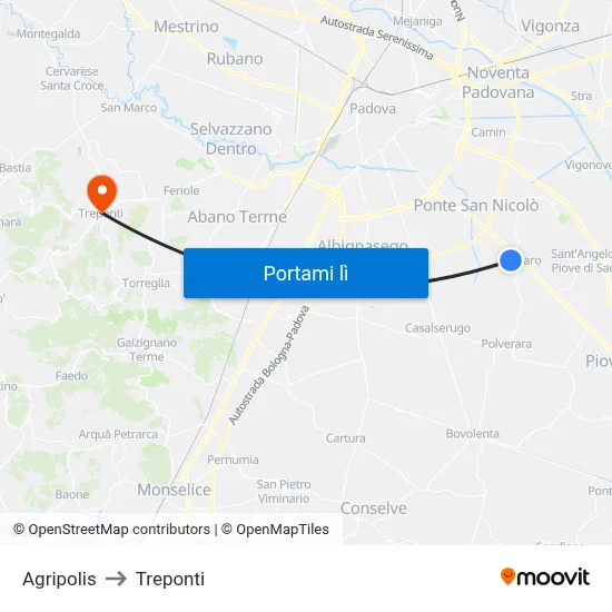 Agripolis to Treponti map