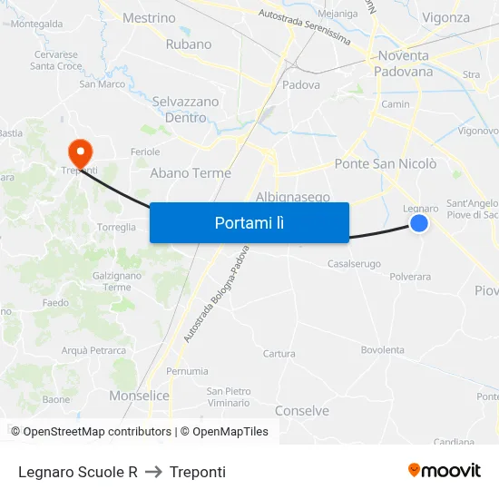 Legnaro Scuole R to Treponti map