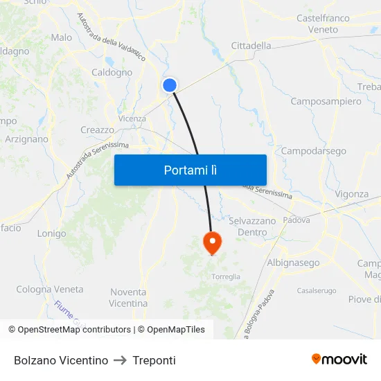 Bolzano Vicentino to Treponti map