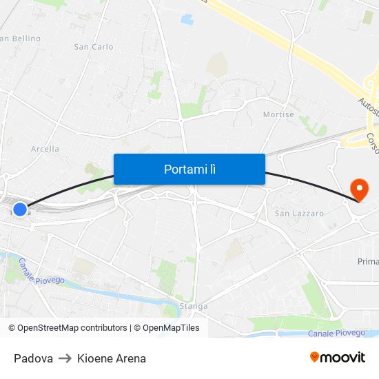 Padova to Kioene Arena map