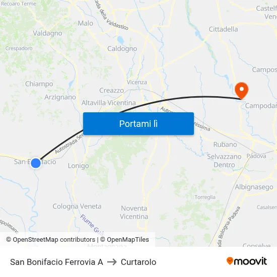 San Bonifacio Ferrovia A to Curtarolo map