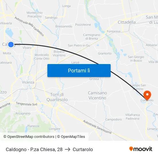 Caldogno - P.za Chiesa, 28 to Curtarolo map