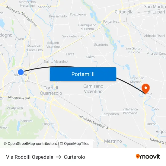 Via Rodolfi Ospedale to Curtarolo map