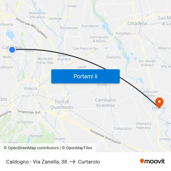 Caldogno - Via Zanella, 38 to Curtarolo map
