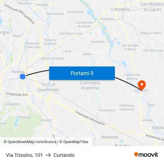 Via Trissino, 101 to Curtarolo map