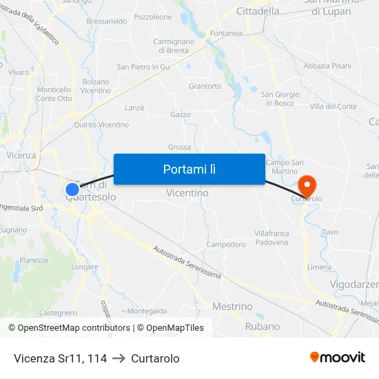 Vicenza Sr11, 114 to Curtarolo map