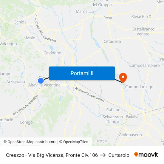 Creazzo - Via Btg Vicenza, Fronte Civ.106 to Curtarolo map