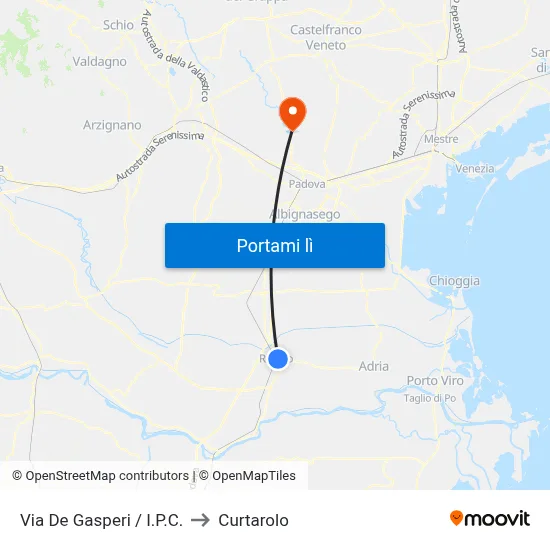 Via De Gasperi / I.P.C. to Curtarolo map