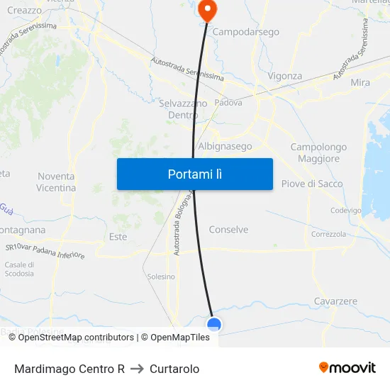 Mardimago Centro R to Curtarolo map