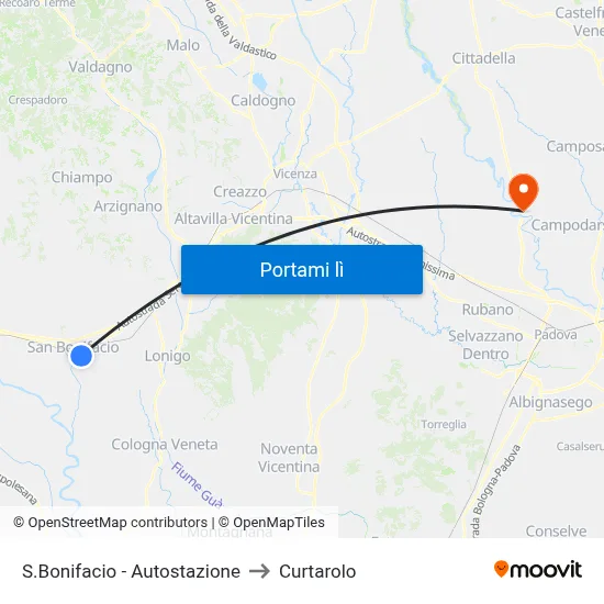 S.Bonifacio - Autostazione to Curtarolo map