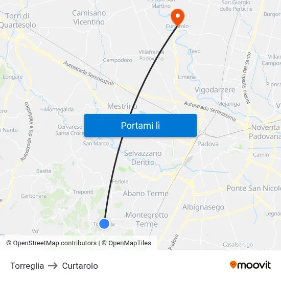 Torreglia to Curtarolo map