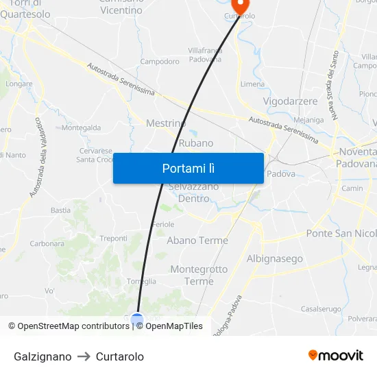 Galzignano to Curtarolo map