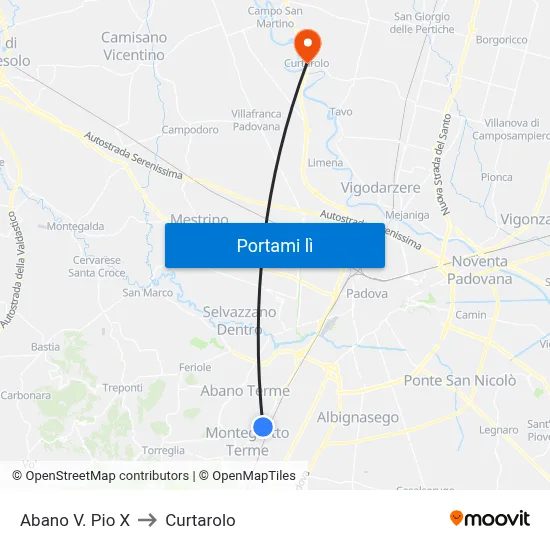 Abano V. Pio X to Curtarolo map