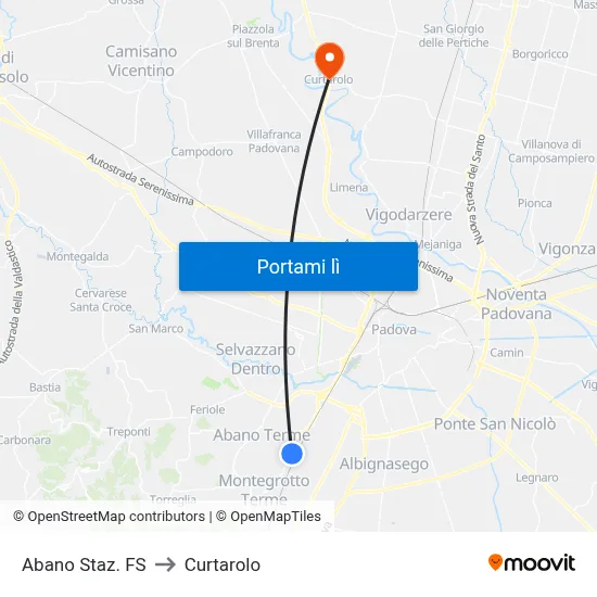 Abano Staz. FS to Curtarolo map