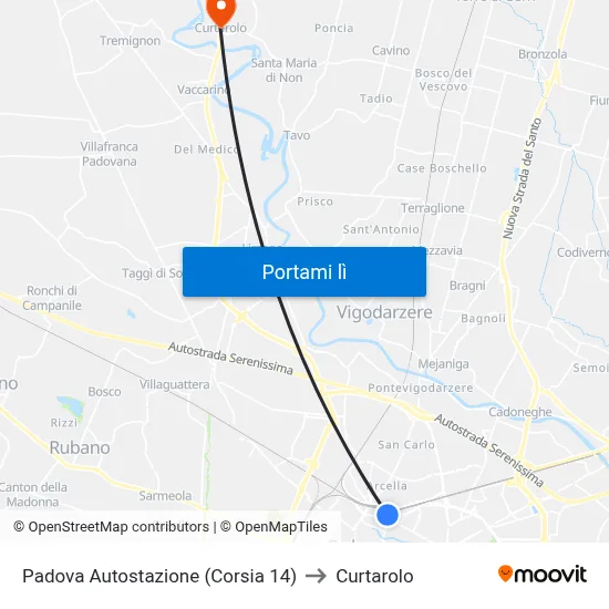 Padova Autostazione (Corsia 14) to Curtarolo map