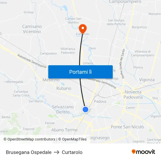 Brusegana Ospedale to Curtarolo map