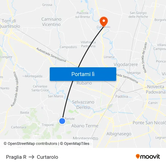 Praglia R to Curtarolo map