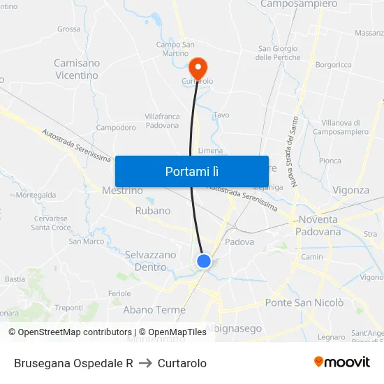 Brusegana Ospedale R to Curtarolo map