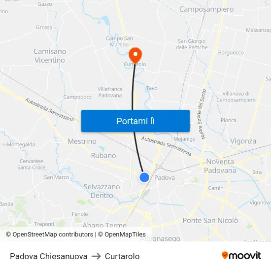 Padova Chiesanuova to Curtarolo map