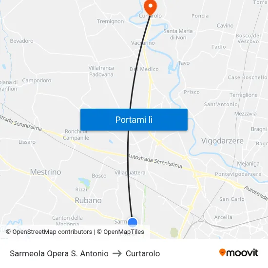 Sarmeola Opera S. Antonio to Curtarolo map