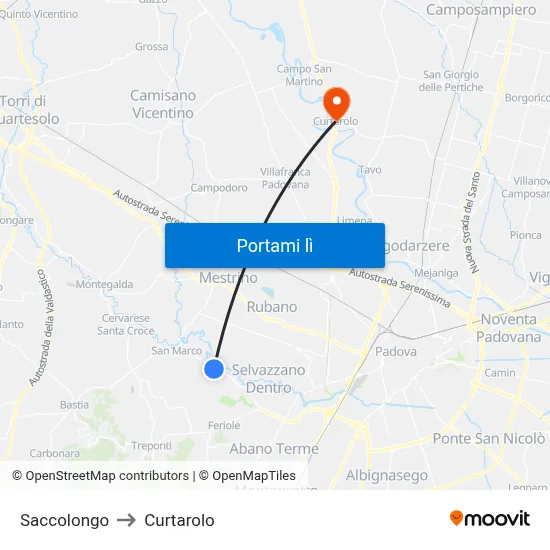 Saccolongo to Curtarolo map
