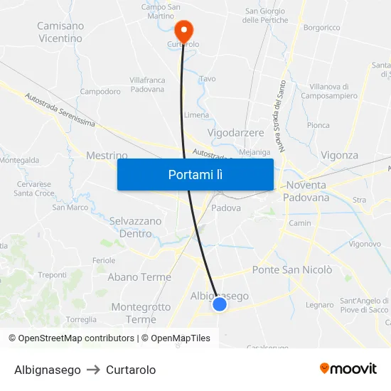 Albignasego to Curtarolo map