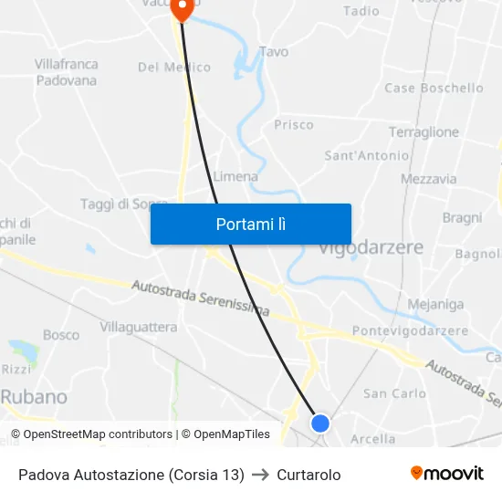Padova Autostazione (Corsia 13) to Curtarolo map