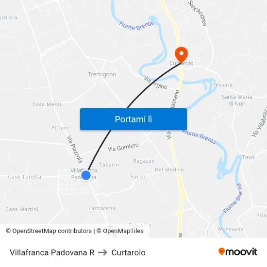 Villafranca Padovana R to Curtarolo map