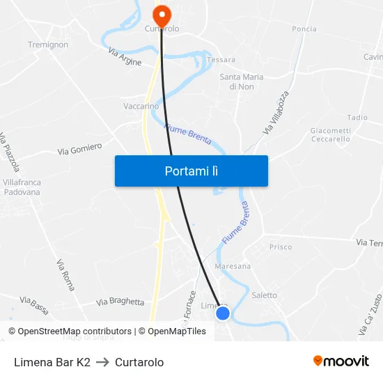 Limena Bar K2 to Curtarolo map