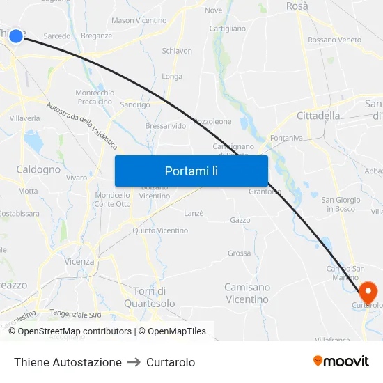 Thiene Autostazione to Curtarolo map