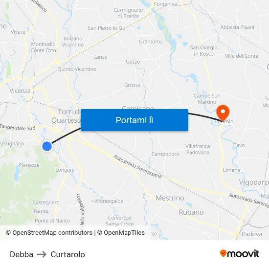 Debba to Curtarolo map