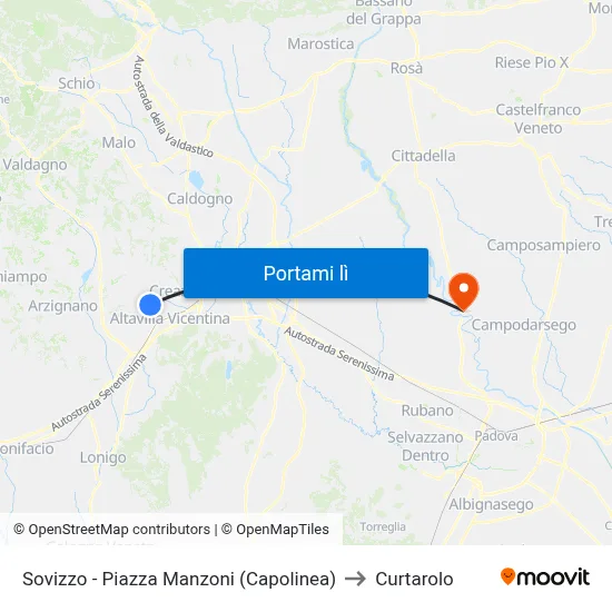 Sovizzo - Piazza Manzoni (Capolinea) to Curtarolo map