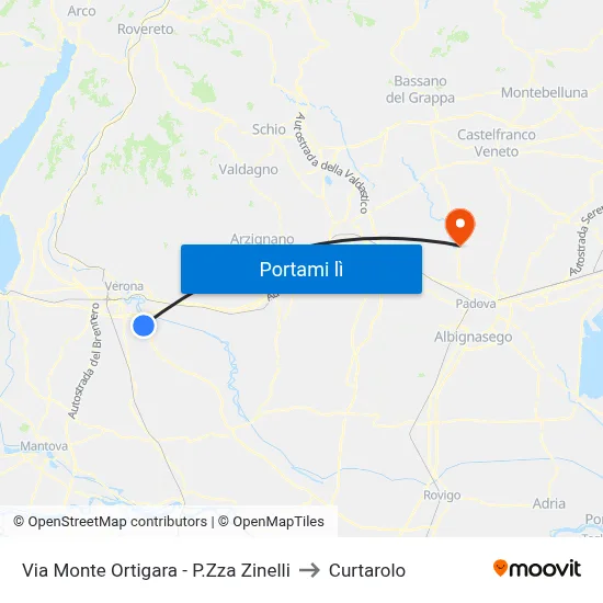 Via Monte Ortigara - P.Zza Zinelli to Curtarolo map